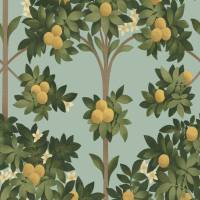 Orange Blossom Wallpaper - Lemon and Dark Olive Green/Duck Egg